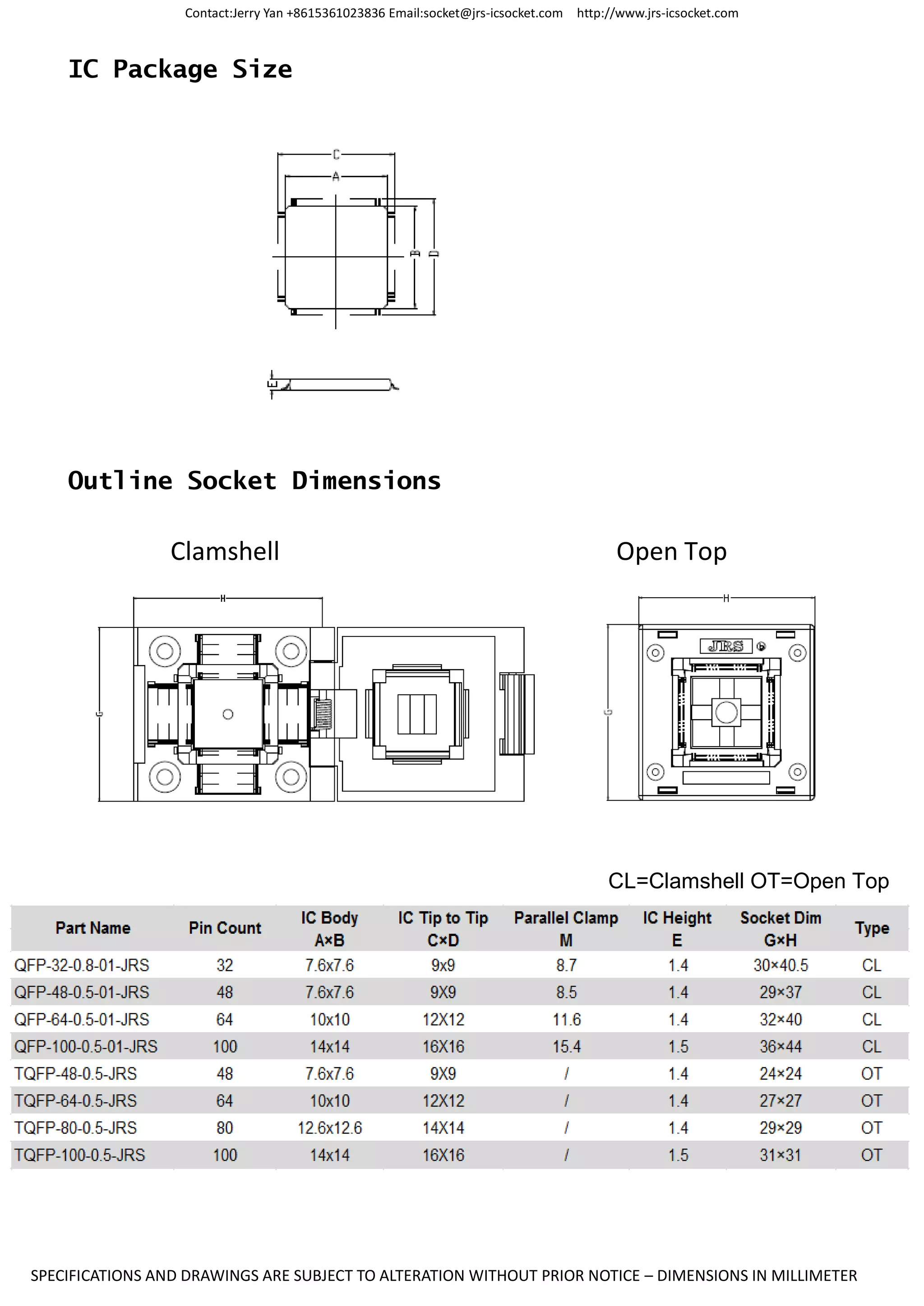Contact:Jerry Yan +8615361023836 Email:socket@jrs-icsocket.com http://www.jrs-icsocket.com
SPECIFICATIONS AND DRAWINGS ARE SUBJECT TO ALTERATION WITHOUT PRIOR NOTICE – DIMENSIONS IN MILLIMETER
IC Package Size
Outline Socket Dimensions
Clamshell Open Top
CL=Clamshell OT=Open Top
 
