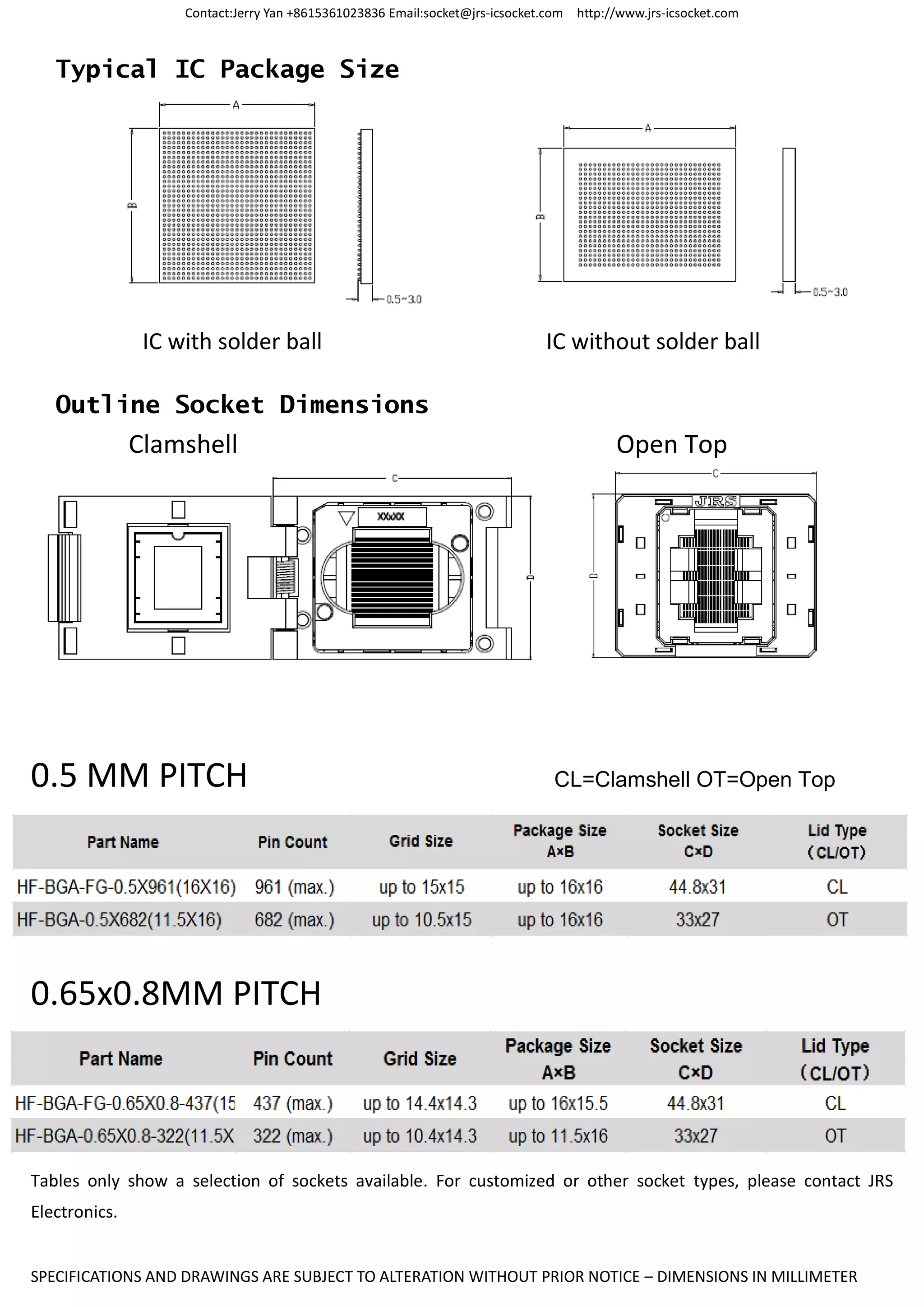 Contact:Jerry Yan +8615361023836 Email:socket@jrs-icsocket.com http://www.jrs-icsocket.com
SPECIFICATIONS AND DRAWINGS ARE SUBJECT TO ALTERATION WITHOUT PRIOR NOTICE – DIMENSIONS IN MILLIMETER
Typical IC Package Size
IC with solder ball IC without solder ball
Outline Socket Dimensions
Clamshell Open Top
0.5 MM PITCH CL=Clamshell OT=Open Top
0.65x0.8MM PITCH
Tables only show a selection of sockets available. For customized or other socket types, please contact JRS
Electronics.
 