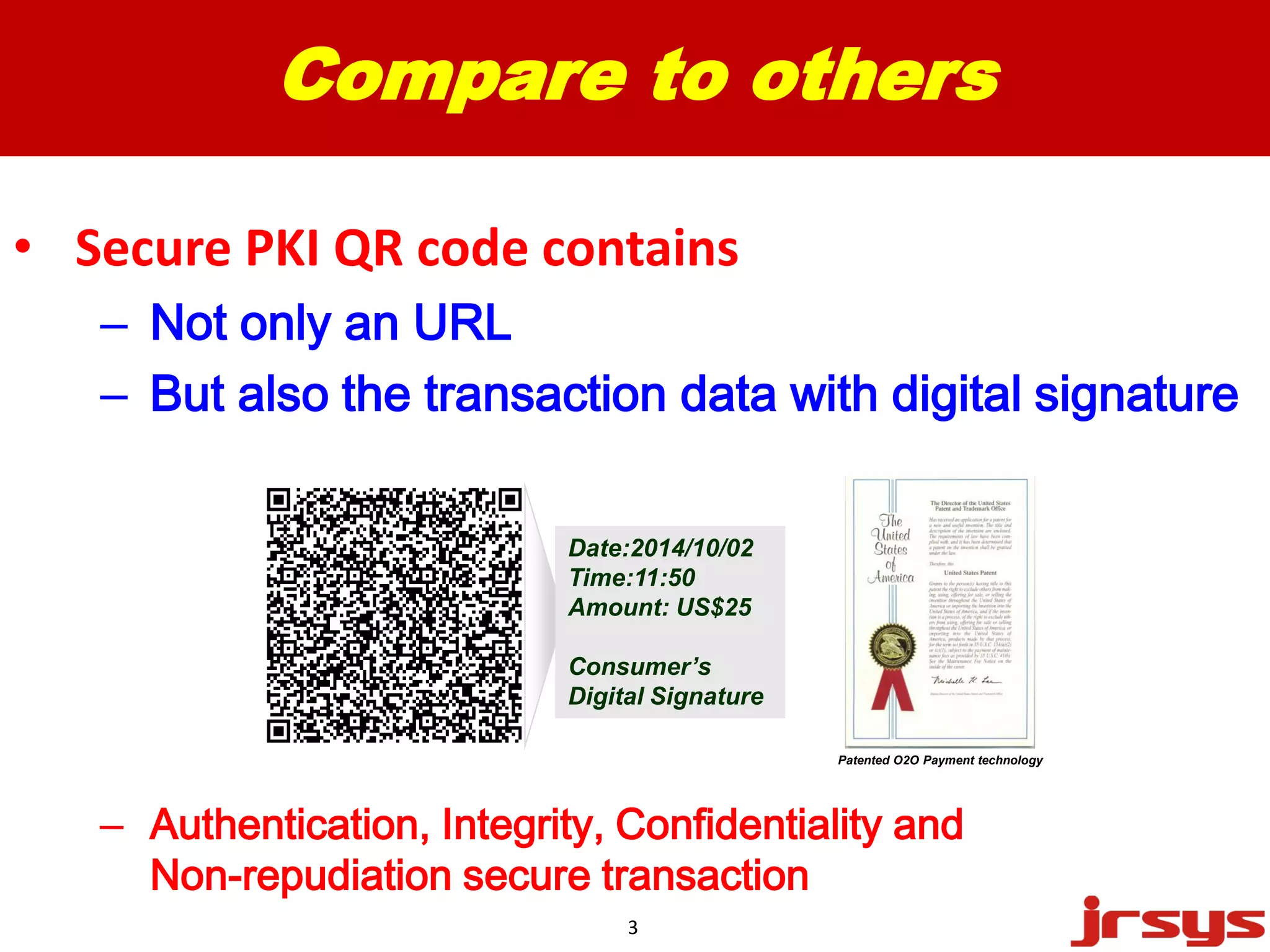 Compare to others 
• Secure PKI QR code contains 
– 
Not only an URL NNNooottt ooonnnlllyyy aaannn UUURRRLLL oooorrrr aaaannnn IIIIDDDD////OOOOTTTTPPPP sssshhhhoooorrrrtttt ccccooooddddeeee – 
Date:2014/10/02 
Time:11:50 
Amount: US$25 
OTP 
Consumer’s 
Digital Signature 
Patented O2O Payment 
technology 
– BBBBuuuutttt aaaallllssssoooo tttthhhheeee 3 
ttttrrrraaaannnnssssaaaaccccttttiiiioooonnnn ddddaaaattttaaaa wwwwiiiitttthhhh ddddiiiiggggiiiittttaaaallll ssssiiiiggggnnnnaaaattttuuuurrrreeee 
NNAAAANNuuuuoooottttnnnnhhhh----eeeerrrreeeennnnppppttttiiiiuuuuccccddaaddaaiittiittaaaaiiiioooottttiinniinnoooo,,,,nnnn IIII nnnnsssstttteeeeeeeeccccgggguuuurrrriiiirrrrtttteeeeyyyy ,,,,tttt rrrrCCCCaaaaoooonnnnnnnnssssffffaaaaiiiiddddcccceeeettttiiiinnnnoooottttnnnniiiiaaaalllliiiittttyyyy aaaannnndddd 
 