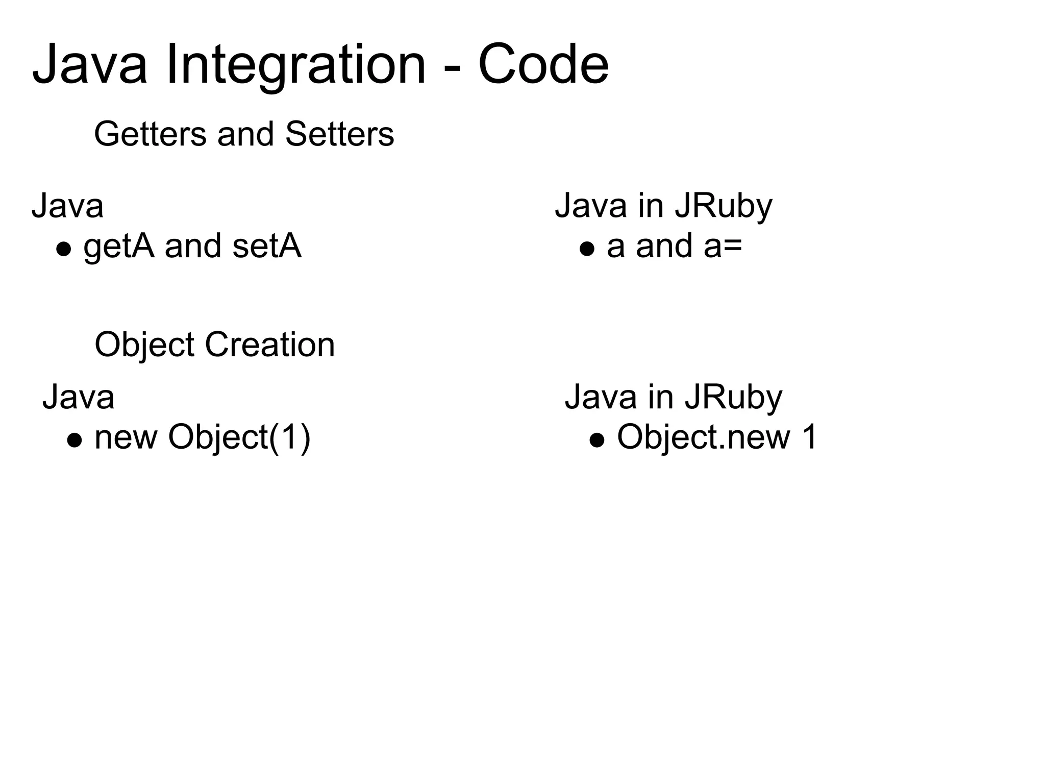 Java Integration - Code Getters and Setters Java Java in JRuby getA and setA a and a= Object Creation Java Java in JRuby new Object(1) Object.new 1 