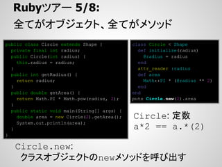 Rubyツアー 5/8:
  全てがオブジェクト、全てがメソッド
public class Circle extends Shape {          class Circle < Shape
  private final int radius;                    def initialize(radius)
  public Circle(int radius) {                    @radius = radius
    this.radius = radius;                      end
  }                                            attr_reader :radius
  public int getRadius() {                     def area
    return radius;                               Math::PI * (@radius ** 2)
  }                                            end
  public double getArea() {                  end
    return Math.PI * Math.pow(radius, 2);    puts Circle.new(2).area
  }
  public static void main(String[] args) {
    double area = new Circle(2).getArea();   Circle: 定数
    System.out.println(area);
  }                                          a*2 == a.*(2)
}

   Circle.new:
    クラスオブジェクトのnewメソッドを呼び出す
 