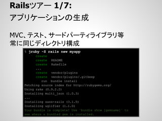 Railsツアー 1/7:
アプリケーションの生成

MVC、テスト、サードパーティライブラリ等
常に同じディレクトリ構成
  % jruby -S rails new myapp
        create
        create README
        create Rakefile
        ...
        create vendor/plugins
        create vendor/plugins/.gitkeep
            run bundle install
  Fetching source index for http://rubygems.org/
  Using rake (0.9.2.2)
  Installing multi_json (1.0.3)
  ...
  Installing sass-rails (3.1.5)
  Installing uglifier (1.1.0)
  Your bundle is complete! Use `bundle show [gemname]` to
  see where a bundled gem is installed.
 