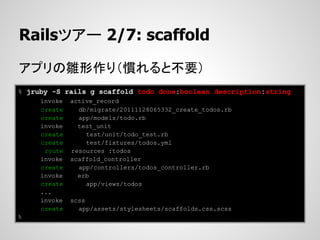 Railsツアー 2/7: scaffold

アプリの雛形作り（慣れると不要）
% jruby -S rails g scaffold todo done:boolean description:string
     invoke   active_record
     create     db/migrate/20111128065332_create_todos.rb
     create     app/models/todo.rb
     invoke     test_unit
     create       test/unit/todo_test.rb
     create       test/fixtures/todos.yml
      route   resources :todos
     invoke   scaffold_controller
     create     app/controllers/todos_controller.rb
     invoke     erb
     create       app/views/todos
     ...
     invoke   scss
     create     app/assets/stylesheets/scaffolds.css.scss
%
 