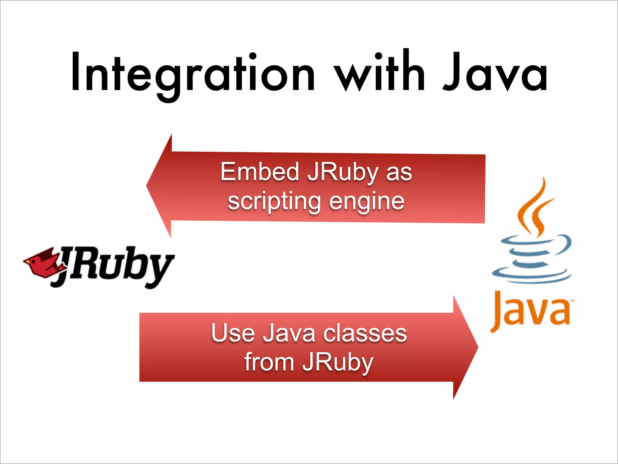 Integration with Java Embed JRuby as scripting engine Use Java classes from JRuby 