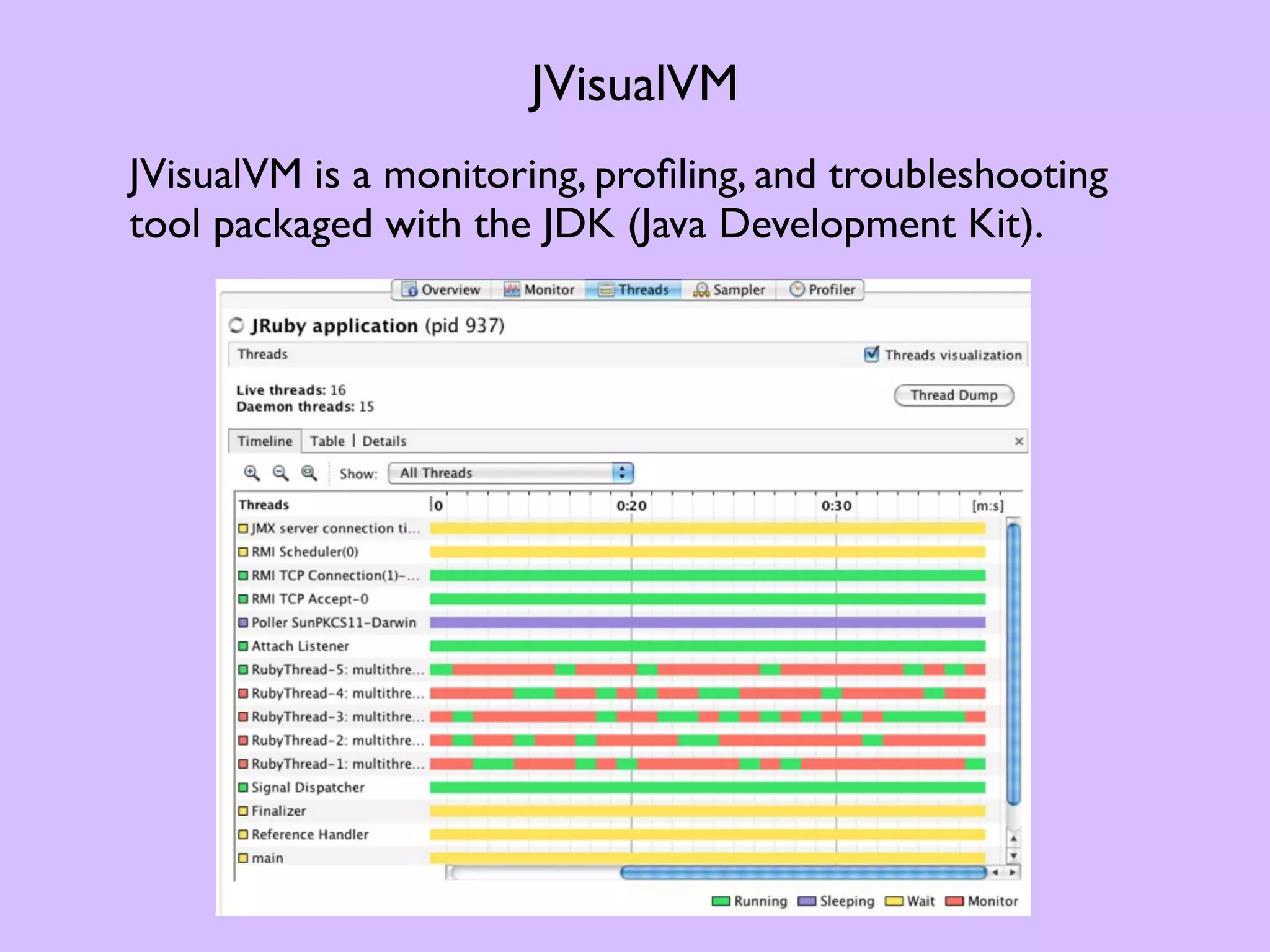 JVisualVM JVisualVM is a monitoring, proﬁling, and troubleshooting tool packaged with the JDK (Java Development Kit). 