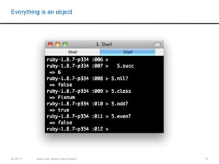 13Simple SyntaxEverything is an objectBlocksSelf contained ( contains most useful libs out of the box)Open classesPrinciple of least surpriseMost imressive language features