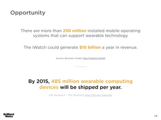 14
ABI Research - Fox Business http://fxn.ws/1owurNc
By 2015, 485 million wearable computing
devices will be shipped per year.
There are more than 250 million installed mobile operating
systems that can support wearable technology
The iWatch could generate $10 billion a year in revenue.
Source: Business Insider http://read.bi/1sils43
Opportunity
 