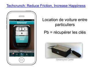 Location de voiture entre
particuliers
Pb = récupérer les clés
Getaround Carkit
Techcrunch: Reduce Friction, Increase Happiness
 