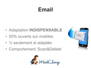 Email
• Adaptation INDISPENSABLE
• 50% ouverts sur mobiles
• ¼ seulement st adaptés
• Comportement ‘Scan&Delete’
 