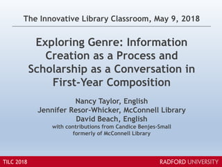 TILC 2018
Nancy Taylor, English
Jennifer Resor-Whicker, McConnell Library
David Beach, English
with contributions from Candice Benjes-Small
formerly of McConnell Library
The Innovative Library Classroom, May 9, 2018
Exploring Genre: Information
Creation as a Process and
Scholarship as a Conversation in
First-Year Composition
 
