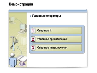 Демонстрация

           Условные операторы



           1   Оператор if


           2   Условное присваивание


           3   Оператор переключения
 