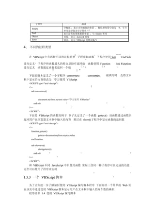 子类型                                       描述
       Empty                            空数据 表示未初始化的变量         数值型变量空值为           0   字符
                                        串变量空值为空字符串“”
       Null                             表示没有有效数据的变量       与 Empty 不同
       Object                           对象 表示 ActiveX 对象
       Error                            错误 表示 VBScript 的错误编号


4   不同的过程类型


    在 VBScript 中有两种不同的过程类型 子程序和函数 子程序使用 Sub                                          End Sub

进行定义 子程序和函数最大的特点是没有返回值                                      函数使用 Function    End Function
进行定义 函数通过函数名返回一个值

  下面的脚本定义了一个子程序 converttext                                 converttext   被调用时       会将文本
框中显示的内容修改为 学习使用 VBScript
    <SCRIPT type="text/vbscript">
    <!--
      sub converttext()


                document.myform.mytext.value="学习使用 VBScript "
            end sub
    //-->
    </SCRIPT>
  下面是 VBScript 的函数的例子 例子先定义了一个函数 gettext() 该函数通过函数名
返回用户在浏览器文本框中输入的内容 然后在 show()子程序中显示函数的返回值
    <SCRIPT type="text/vbscript">
    <!--
      function gettext()
                gettext=document.myform.mytext.value
      end function

      sub showtext()
                alert(gettext())
            end sub
    //-->
    </SCRIPT>
  和 VBScript 不同 JavaScript 中只使用函数 实际上任何一种子程序可以完成的功能
完全可以使用子程序来实现

1.5.3 一个 VBScript 脚本

  为了让你进一步了解如何使用 VBScript 编写脚本程序 下面介绍一个简单的 Web 页
在该页中通过使用 VBScript 脚本显示用户在文本框中输入的两个数的乘积
  程序清单 1.4 使用 VBScript 编写脚本
 
