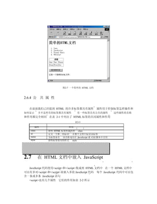 图2-7 一个简单的 HTML 文档



2.6.4 公 共 属 性

   在前面我们已经提到 HTML 的许多标签都具有属性               属性用于控制标签怎样操作和
如何显示    并不是所有的标签都具有属性           有一些标签具有公共的属性        这些属性的名称
和作用都完全相同 在表 2-1 中列出了 HTML 标签的共同属性和作用
                               表2-3

       属性                 作用
   class      指明 HTML 标签所属的类 class
   id         定义一个惟一的标识 在整个文档中标识该标签
   name       为标签命名 该名称可以在 JavaScript 或 CGI 脚本中引用
   style      指明标签使用的样式 style




2.7    在 HTML 文档中嵌入 JavaScript

  JavaScript 代码使用<script>和</script>集成到 HTML 文档中 在一个 HTML 文档中
可以有多对<script>和</script>来嵌入多段 JavaScript 代码 每个 JavaScript 代码中可以包
含一条或多条 JavaScript 语句
  <script>也有几个属性 它们的作用如表 2-2 所示
 