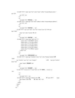 <td width="67%"><input type="text" name="name" onblur="isrequired(query.name) "
size="20"
                   size="20"></td>
                </tr>
                <tr>
                   <td width="33%">你的地址         </td>
            <td width="67%"><input type="text" name="address" onblur="isrequired(query.address) "
                   size="20"></td>
                </tr>
                <tr>
                   <td width="33%">你的性别         </td>
            <td width="67%"><input type="radio" value="man" checked name="sex"> 男 <input
type="radio"
                   name="sex" value="woman">女</td>
                </tr>
                <tr>
                   <td width="33%">你的年龄         </td>
            <td width="67%"><select name="age" size="1">
                     <option value=" ">18 岁以下</option>
                     <option value="1">18-25 岁</option>
                     <option value="2">26-35 岁</option>
                     <option value="3">25-46 岁</option>
                     <option value="4">46-65 岁</option>
                     <option value="5">65 岁以上</option>
                   </select></td>
                </tr>
                <tr>
                   <td width="33%">你想去的城市</td>
            <td width="67%"><input type="checkbox" name="city" value="beijing" checked>北京
<input
            type="checkbox" name="city" value="shanghai">                     上海       <input type="checkbox"
name="city"
                   value="others">其他城市</td>
                </tr>
                <tr>
                   <td width="33%">你的留言     </td>
            <td width="67%"><textarea rows="2" name="brief" cols="20">我想去......</textarea><p>
</td>
                  </tr>
                  <tr>
                     <td width="33%"> </td>
             <td width="67%"><input type="submit" value="提                    交" name="B1">          <input
                     type="button" value="取   消" name="B2"></td>
                  </tr>
               </table>
            </form>
            </td>
         </tr>
 