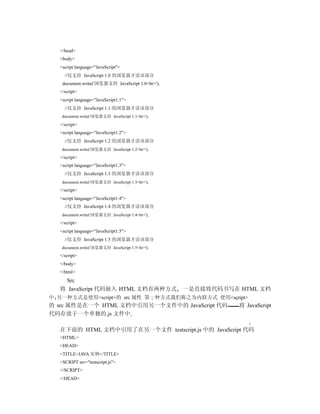</head>
  <body>
  <script language="JavaScript">
    //仅支持 JavaScript 1.0 的浏览器才读该部分
   document.write('浏览器支持 JavaScript 1.0<br>');
  </script>
  <script language="JavaScript1.1">
    //仅支持 JavaScript 1.1 的浏览器才读该部分
   document.write('浏览器支持 JavaScript 1.1<br>');
  </script>
  <script language="JavaScript1.2">
    //仅支持 JavaScript 1.2 的浏览器才读该部分
   document.write('浏览器支持 JavaScript 1.2<br>');
  </script>
  <script language="JavaScript1.3">
    //仅支持 JavaScript 1.3 的浏览器才读该部分
   document.write('浏览器支持 JavaScript 1.3<br>');
  </script>
  <script language="JavaScript1.4">
    //仅支持 JavaScript 1.4 的浏览器才读该部分
   document.write('浏览器支持 JavaScript 1.4<br>');
  </script>
  <script language="JavaScript1.5">
    //仅支持 JavaScript 1.5 的浏览器才读该部分
   document.write('浏览器支持 JavaScript 1.5<br>');
  </script>
  </body>
  </html>
   Src
  将 JavaScript 代码嵌入 HTML 文档有两种方式                 一是直接将代码书写在 HTML 文档
中 另一种方式是使用<script>的 src 属性 第一种方式我们称之为内联方式 使用<script>
的 src 属性是在一个 HTML 文档中引用另一个文件中的 JavaScript 代码                将 JavaScript
代码存放于一个单独的.js 文件中

  在下面的 HTML 文档中引用了在另一个文件 testscript.js 中的 JavaScript 代码
  <HTML>
  <HEAD>
  <TITLE>JAVA 实例</TITLE>
  <SCRIPT src="testscript.js">
  </SCRIPT>
  </HEAD>
 