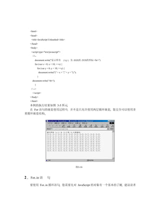 <html>
    <head>
     <title>JavaScript Unleashed</title>
    </head>
    <body>
     <script type="text/javascript">
      <!--
         document.write("显示所有                 x,y   为 (0,0)到 (9,9)的坐标:<br>")
         for (var x = 0; x < 10; ++x) {
              for (var y = 0; y < 10; ++y) {
                  document.write("(" + x + "," + y + "),");
              }
      document.write('<br>');
         }
     // -->
      </script>
    </body>
    </html>
  本例的执行结果如图 3-5 所示
  在 For 语句的嵌套使用过程中 并不是只允许使用两层循环嵌套 您完全可以使用多
重循环嵌套结构




                                                          图3-16



2   For..in 语              句

    要使用 For..in 循环语句 您需要先对 JavaScript 的对象有一个基本的了解 建议读者
 