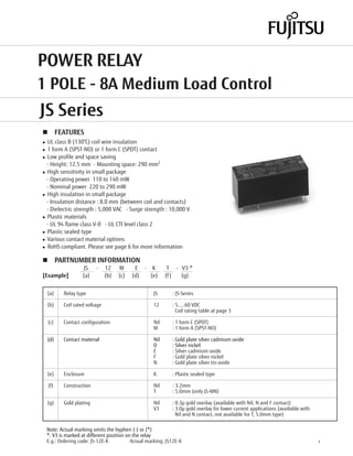FTR-K1 SERIES

POWER RELAY
1 POLE - 8A Medium Load Control
JS Series
n FEATURES
l	 class B (130°C) coil wire insulation
 UL
l	 form A (SPST-NO) or 1 form C (SPDT) contact
 1
 Low profile and space saving
l	

 - Height: 12.5 mm - Mounting space: 290 mm2
 High sensitivity in small package
l	

 - Operating power 110 to 140 mW
 - Nominal power 220 to 290 mW
 High insulation in small package
l	

 - Insulation distance : 8.0 mm (between coil and contacts)
 - Dielectric strength : 5,000 VAC - Surge strength : 10,000 V
 Plastic materials
l	

 - UL 94 flame class V-0 - UL CTI level class 2
 Plastic sealed type
l	

 Various contact material options
l	

 RoHS compliant. Please see page 6 for more information
l	



n      PARTNUMBER INFORMATION
	                    JS -	 12	 M	     E - K	                 T - V3 * 		
[Example]           (a)	   (b)	 (c)	 (d)	 (e)               (f ) (g)	    	


	 (a)	     Relay type	                               JS	      : JS-Series

	 (b)	 Coil rated voltage	 12	                                : 5.....60 VDC
				                                                            Coil rating table at page 3

	 (c)	 Contact configuration	                        Nil	     : 1 form C (SPDT)
			                                                  M	       : 1 form A (SPST-NO)

	 (d)	 Contact material 	                            Nil	     : Gold plate silver cadmium oxide
			                                                  D	       : Silver nickel
			                                                  E	       : Silver cadmium oxide
			                                                  F	       : Gold plate silver nickel
			                                                  N	       : Gold plate silver tin oxide

	 (e)	     Enclosure	                                K	       : Plastic sealed type

	 (f)	 Construction 	                                Nil	     : 3.2mm
			                                                  T	       : 5.0mm (only JS-MN)

	 (g)	 Gold plating	 Nil	                                     : 0.3µ gold overlay (available with Nil, N and F contact)
			                  V3	                                      : 3.0µ gold overlay for lower current applications (available with
				                                                            Nil and N contact, not available for T, 5.0mm type)

    Note: Actual marking omits the hyphen (-) or (*)
    *: V3 is marked at different position on the relay
    E.g.: Ordering code: JS-12E-K		         Actual marking: JS12E-K                                                                1
 