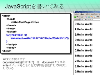 JavaScriptを書いてみる <html> <head> <title>TestPage</title> </head> <body> <script> for(i=0;i<10;i++){ document.write(“<h1>”+i+”:Hello World</h1>”); } </script> </body> </html> for 文とか使えます document.write( ほげほげ ) 　は　 document クラスの write メソッド的なものを文字列を引数にして呼び出している 
