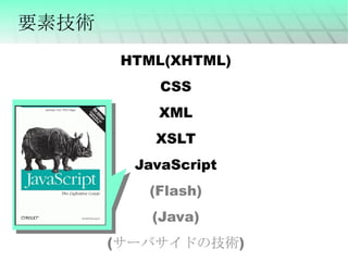 要素技術 HTML(XHTML) CSS XML XSLT JavaScript (Flash) (Java) ( サーバサイドの技術 ) 