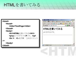 HTMLを書いてみる <html> <head> <title>TestPage</title> </head> <body> <h1>HTML を書いてみる </h1> <p>p はパラグラフの P です。 </p> <hr /> 　 <!-- 水平線　これはコメント --> </body> </html> <HTML> 