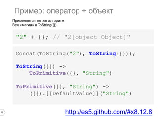 10
Применяется тот же алгоритм
Вся «магия» в ToString({})
"2" + {}; // "2[object Object]"
Пример: оператор + объект
Concat(ToString("2"), ToString({}));
ToString({}) ->
ToPrimitive({}, "String")
ToPrimitive({}, "String") ->
({}).[[DefaultValue]]("String")
http://es5.github.com/#x8.12.8
 
