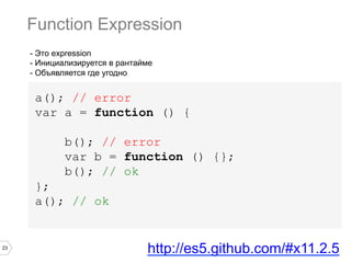 23
- Это expression
- Инициализируется в рантайме
- Объявляется где угодно
a(); // error
var a = function () {
b(); // error
var b = function () {};
b(); // ok
};
a(); // ok
Function Expression
http://es5.github.com/#x11.2.5
 