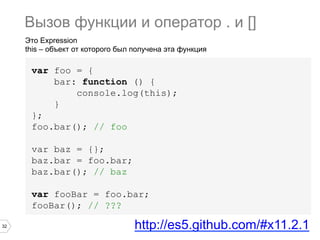 32
Это Expression
this – объект от которого был получена эта функция
var foo = {
bar: function () {
console.log(this);
}
};
foo.bar(); // foo
var baz = {};
baz.bar = foo.bar;
baz.bar(); // baz
var fooBar = foo.bar;
fooBar(); // ???
Вызов функции и оператор . и []
http://es5.github.com/#x11.2.1
 