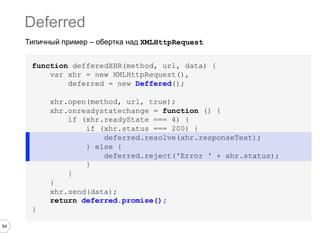 Deferred
Типичный пример – обертка над XMLHttpRequest
function defferedXHR(method, url, data) {
var xhr = new XMLHttpRequest(),
deferred = new Deffered();
xhr.open(method, url, true);
xhr.onreadystatechange = function () {
if (xhr.readyState === 4) {
if (xhr.status === 200) {
deferred.resolve(xhr.responseText);
} else {
deferred.reject('Error ' + xhr.status);
}
}
}
xhr.send(data);
return deferred.promise();
}
54

 