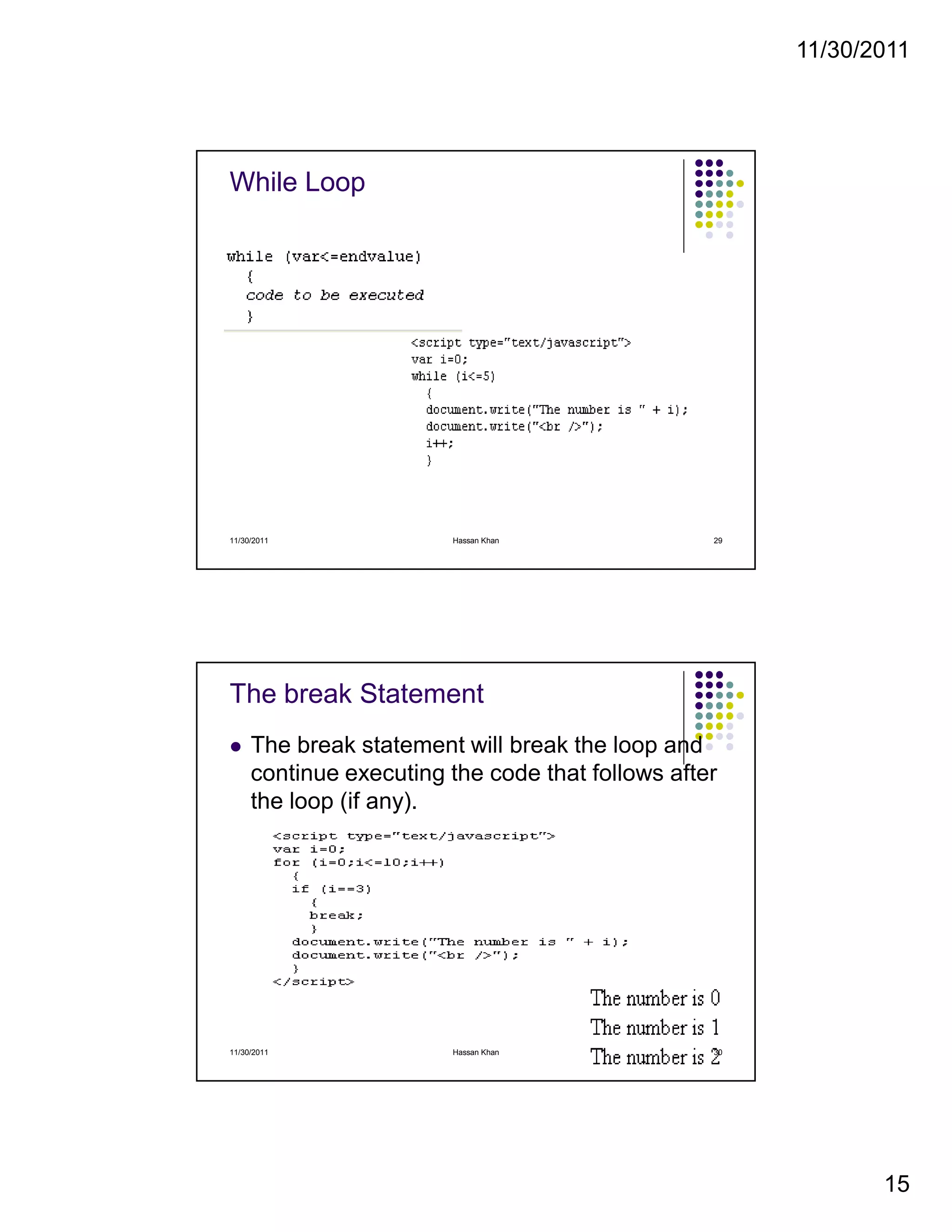 11/30/2011
15
While Loop
11/30/2011 29Hassan Khan
The break Statement
The break statement will break the loop and
continue executing the code that follows after
the loop (if any).
11/30/2011 30Hassan Khan
 