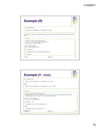 11/30/2011
10
Example (If)
11/30/2011 19Hassan Khan
Example (If...else)
11/30/2011 20Hassan Khan
 