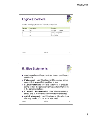 11/30/2011
9
Logical Operators
11/30/2011 17Hassan Khan
If...Else Statements
used to perform different actions based on different
conditions.
if statement - use this statement to execute some
code only if a specified condition is true
if...else statement - use this statement to execute
some code if the condition is true and another code
if the condition is false
if...else if....else statement - use this statement to
select one of many blocks of code to be executed
switch statement - use this statement to select one
of many blocks of code to be executed
11/30/2011 18Hassan Khan
 