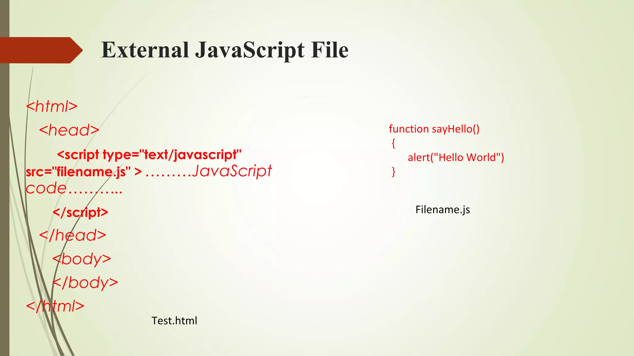 External JavaScript File
<html>
<head>
<script type="text/javascript"
src="filename.js" > ………JavaScript
code………..
</script>
</head>
<body>
</body>
</html>
function sayHello()
{
alert("Hello World")
}
Test.html
Filename.js
 