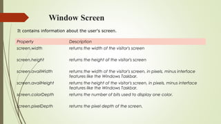 Window Screen
Property Description
screen.width returns the width of the visitor's screen
screen.height returns the height of the visitor's screen
screen.availWidth returns the width of the visitor's screen, in pixels, minus interface
features like the Windows Taskbar.
screen.availHeight returns the height of the visitor's screen, in pixels, minus interface
features like the Windows Taskbar.
screen.colorDepth returns the number of bits used to display one color.
screen.pixelDepth returns the pixel depth of the screen.
It contains information about the user's screen.
 