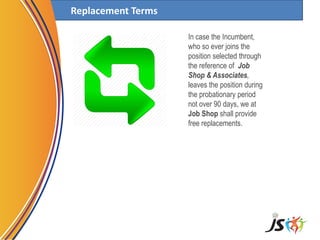 Replacement Terms
In case the Incumbent,
who so ever joins the
position selected through
the reference of Job
Shop & Associates,
leaves the position during
the probationary period
not over 90 days, we at
Job Shop shall provide
free replacements.
 