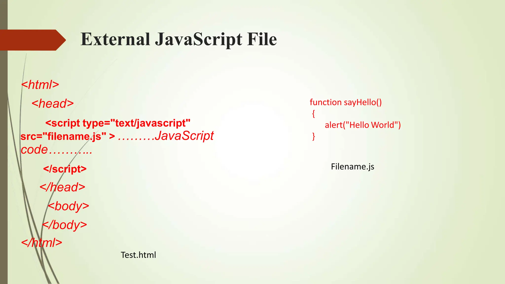 External JavaScript File
function sayHello()
{
alert("Hello World")
}
<html>
<head>
<script type="text/javascript"
src="filename.js" >………JavaScript
code………..
</script>
</head>
<body>
</body>
</html>
Test.html
Filename.js
 