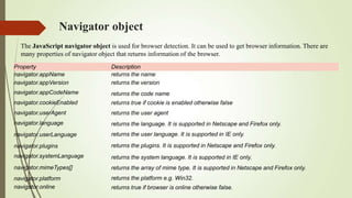 Navigator object
navigator.appName
navigator.appVersion
navigator.appCodeName
navigator.cookieEnabled
navigator.userAgent
navigator.language
navigator.userLanguage
navigator.plugins
navigator.systemLanguage
navigator.mimeTypes[]
navigator.platform
navigator.online
returns the name
returns the version
returns the code name
returns true if cookie is enabled otherwise false
returns the user agent
returns the language. It is supported in Netscape and Firefox only.
returns the user language. It is supported in IE only.
returns the plugins. It is supported in Netscape and Firefox only.
returns the system language. It is supported in IE only.
returns the array of mime type. It is supported in Netscape and Firefox only.
returns the platform e.g. Win32.
returns true if browser is online otherwise false.
The JavaScript navigator object is used for browser detection. It can be used to get browser information. There are
many properties of navigator object that returns information of the browser.
Property Description
 