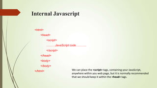 Internal Javascript
<html>
<head>
<script>
………JavaScript code………..
</script>
</head>
<body>
</body>
</html> We can place the <script> tags, containing your JavaScript,
anywhere within you web page, but it is normally recommended
that we should keep it within the <head> tags.
 
