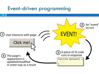 12
Event-driven programming
 split breaks apart a string into an array using a
delimiter
 can also be used with regular expressions (seen later)
 join merges an array into a single string, placing a
delimiter between them
 