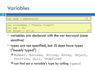 25
Variables
 variables are declared with the var keyword (case
sensitive)
 types are not specified, but JS does have types
("loosely typed")
 Number, Boolean, String, Array, Object,
Function, Null, Undefined
 can find out a variable's type by calling typeof
var name = expression; JS
var clientName = "Connie Client";
var age = 32;
var weight = 127.4; JS
 
