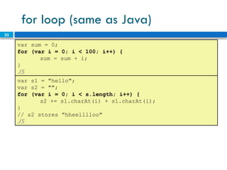 33
for loop (same as Java)
var sum = 0;
for (var i = 0; i < 100; i++) {
sum = sum + i;
}
JS
var s1 = "hello";
var s2 = "";
for (var i = 0; i < s.length; i++) {
s2 += s1.charAt(i) + s1.charAt(i);
}
// s2 stores "hheelllloo"
JS
 