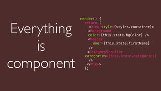 render() {
return (
<View style={styles.container}>
<Background
color={this.state.bgColor} />
<Header
user={this.state.firstName}
/>
<CategoryScroller
categories={this.state.categories}
/>
</View>
);
Everything
is
component
 