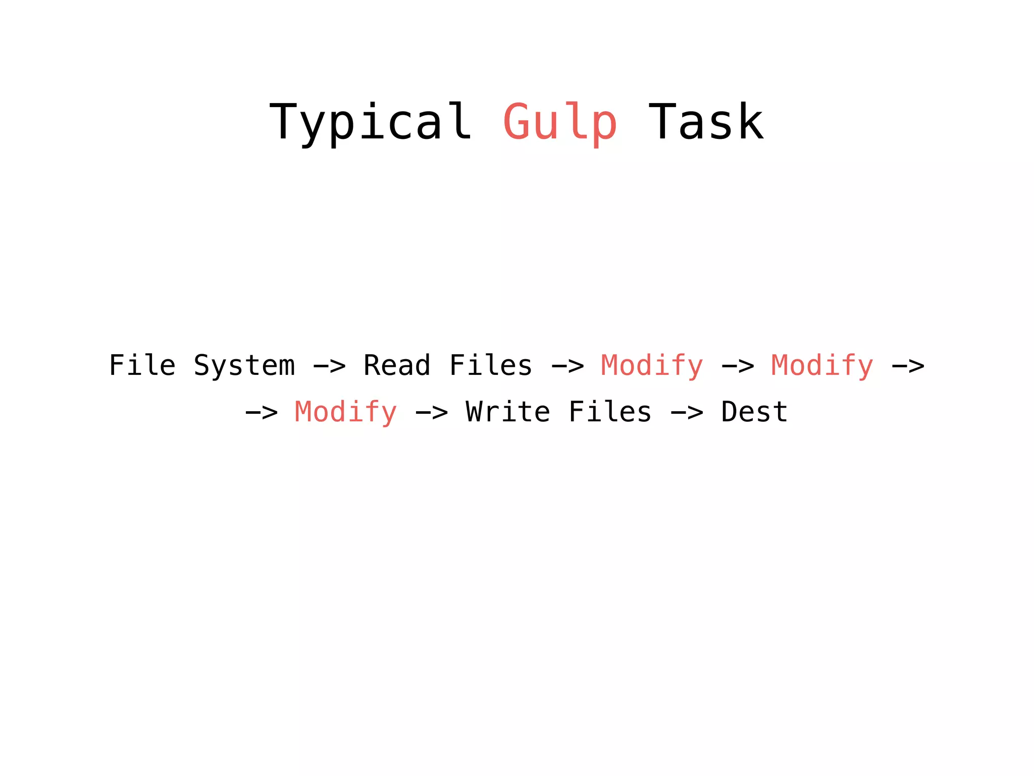 Typical Gulp Task
File System -> Read Files -> Modify -> Modify ->
-> Modify -> Write Files -> Dest
 