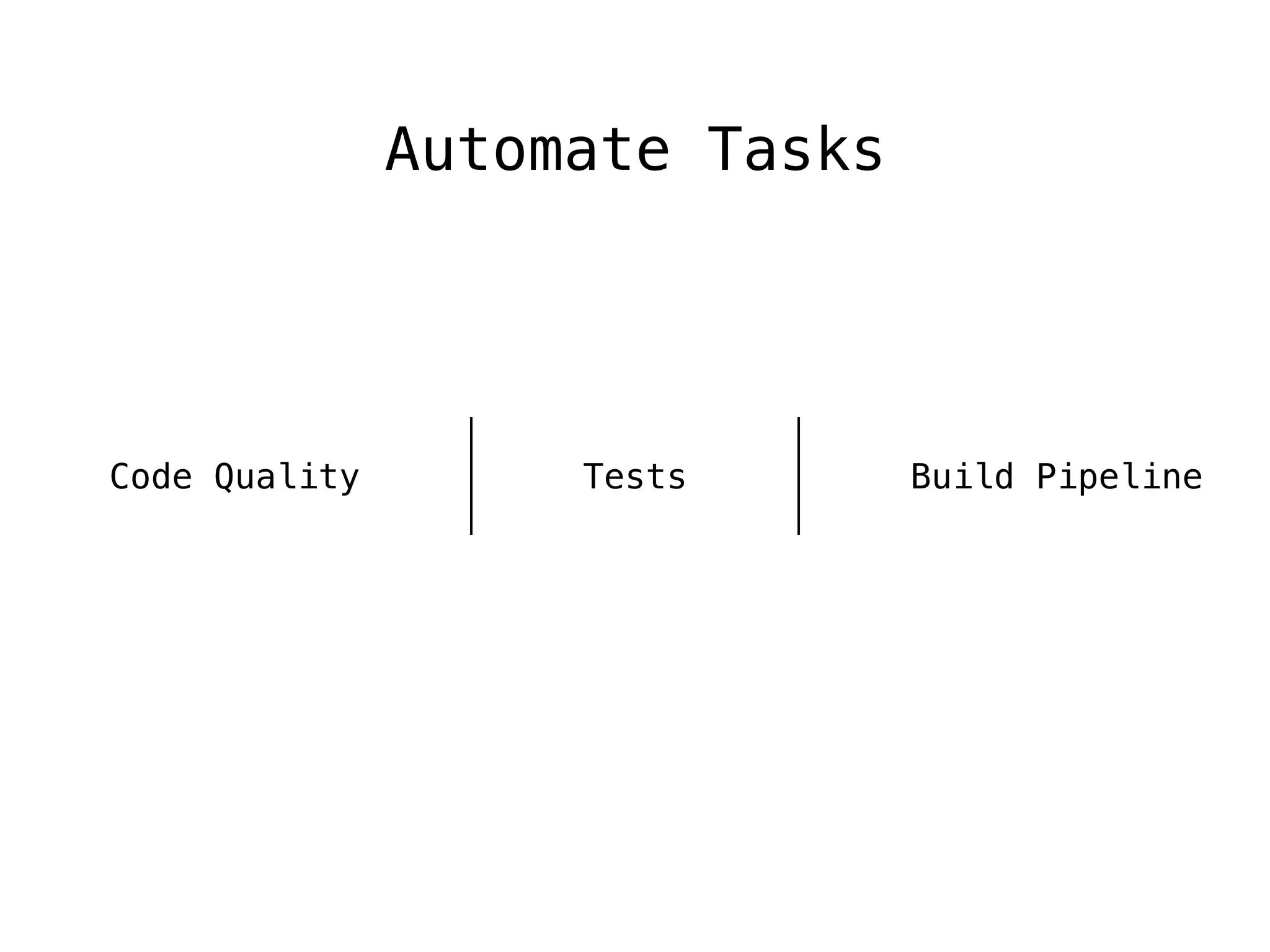 Automate Tasks
Code Quality Tests Build Pipeline
 