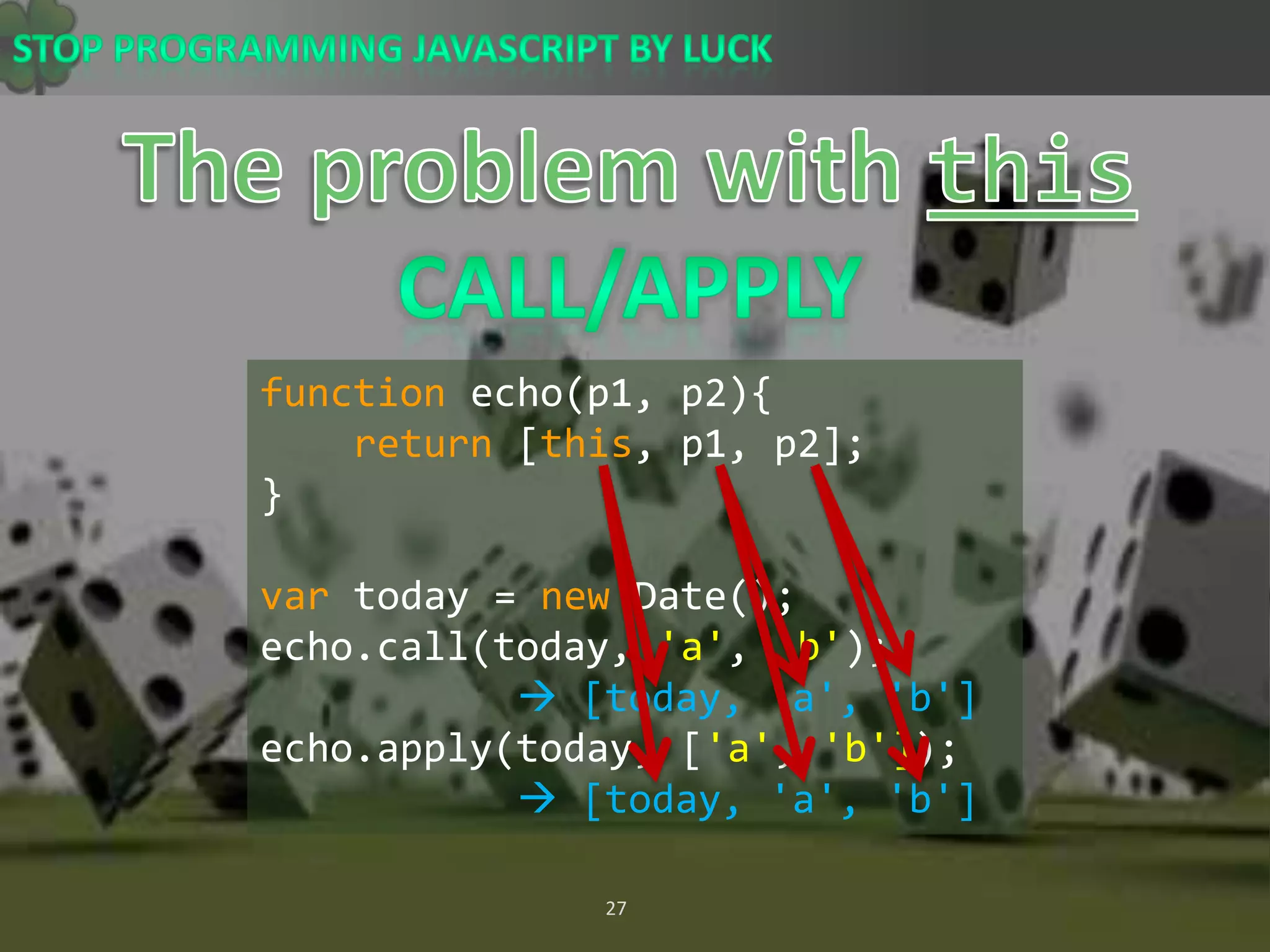 The problem with thisCall/Applyfunction echo(p1, p2){return [this, p1, p2];}var today = new Date();echo.call(today, &apos;a&apos;, &apos;b&apos;);  [today, &apos;a&apos;, &apos;b&apos;] echo.apply(today, [&apos;a&apos;, &apos;b&apos;]);  [today, &apos;a&apos;, &apos;b&apos;] 