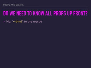 PROPS AND EVENTS
DO WE NEED TO KNOW ALL PROPS UP FRONT?
▸ No, “v-bind” to the rescue
 