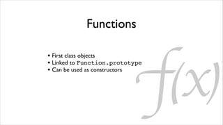 Functions




                            f(x)
• First class objects
• Linked to Function.prototype
• Can be used as constructors
 