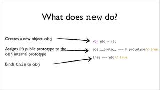 What does new do?

Creates a new object, obj
                                      var obj = {};

Assigns F’s public prototype to the   obj.__proto__ === F.prototype// true
obj internal prototype
                                      this === obj// true

Binds this to obj
 