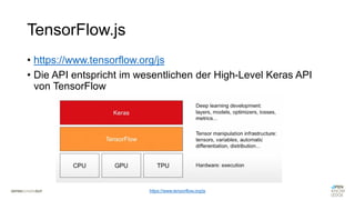 TensorFlow.js
• https://www.tensorflow.org/js
• Die API entspricht im wesentlichen der High-Level Keras API
von TensorFlow
https://www.tensorflow.org/js
 