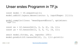Unser erstes Programm in TF.js
const model = tf.sequential();
model.add(tf.layers.dense({units: 1, inputShape: [1]}));
model.compile({loss: 'meanSquaredError', optimizer:
'sgd'});
const xs = tf.tensor2d([1, 2, 3, 4], [4, 1]);
const ys = tf.tensor2d([1, 3, 5, 7], [4, 1]);
await model.fit(xs, ys, {epochs: 100})
model.predict(tf.tensor2d([6], [1, 1])).print();
https://js.tensorflow.org/api/latest/
 