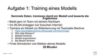 Aufgabe 1: Training eines Modells
Sammele Daten, trainieren damit ein Modell und bewerte die
Ergebnisse
• Bleibt gern im Team mit deinem Nachbarn
• Ins WLAN einloggen (wir brauchen Internet)
• Trainiere ein Modell zur Bilderkennung mit Teachable Machine
1. https://teachablemachine.withgoogle.com/train/image
2. Wie viele Klassen?
3. Modell trainieren
4. Modell ausprobieren
5. Bei Bedarf iterieren
• Finde Schwächen und Stärken deines Modells
30 Minuten
 